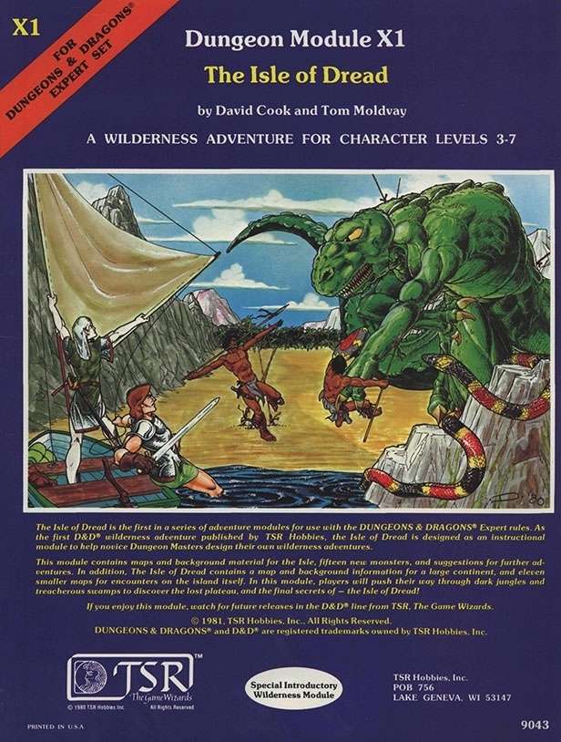Dungeon Module X1: The Isle of Dread (significant spine wear and edge wear, as well as discoloration, pages disconnected from cover and highlighted/colored in places. test map written on.)