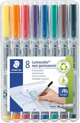 Staedtler Lumocolor Wet Erase Colored Marker Pens, Fine Tip, 8 Pack