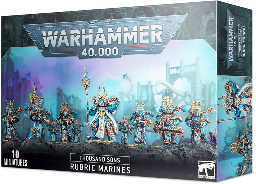 Warhammer 40,000 Thousand Sons Rubric Marines miniatures set on a box