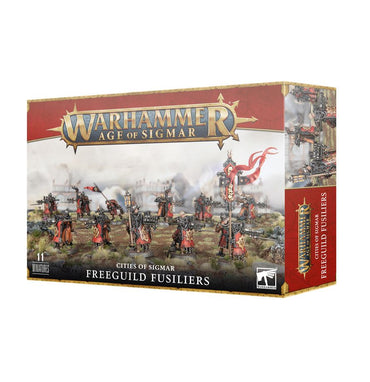 Warhammer Age of Sigmar game box for Freeguild Fusiliers on a white background