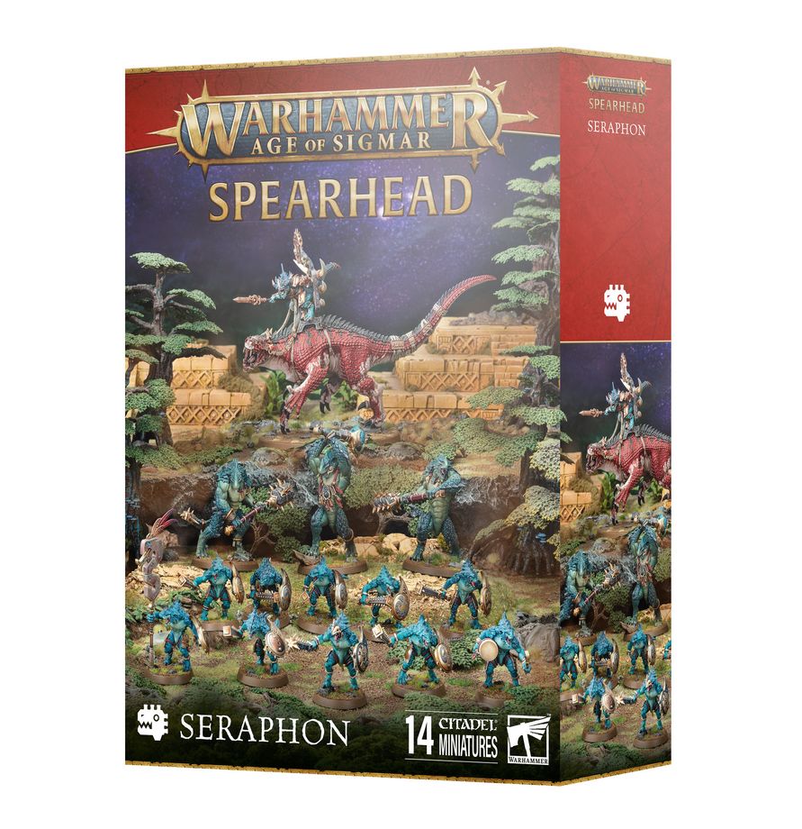 Warhammer Age of Sigmar Spearhead Seraphon game box with miniature figures and dragon on a forested landscape.