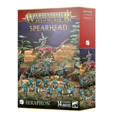 Warhammer Age of Sigmar Spearhead Seraphon game box with miniature figures and dragon on a forested landscape.