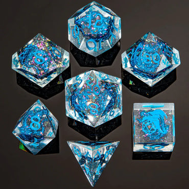 HYMGHO Captured Magic Sharp Edge Resin Dice - Metal Blue Dragons