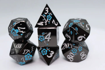 Metallic Bouquet: Black with Blue Orchids - Metal RPG Dice Set