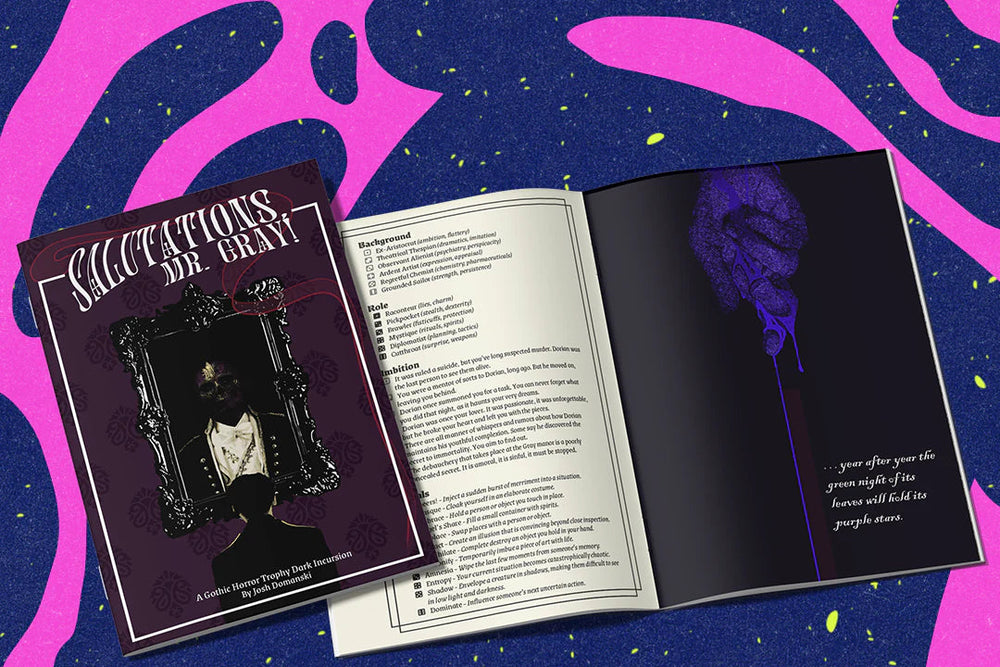 Open book with purple and black design on a blue and pink abstract background, featuring text and graphics.