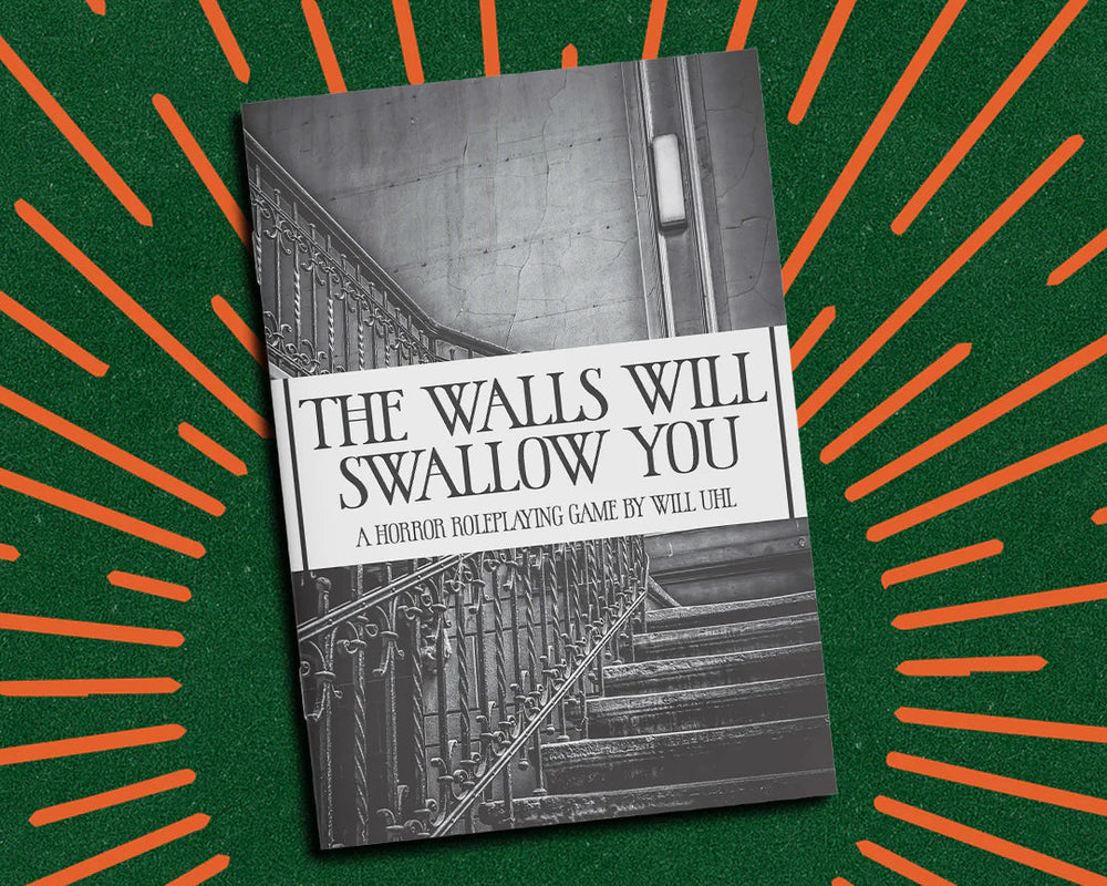 Book titled 'The Walls Will Swallow You' on a green background with orange lines and text about a story drop.
