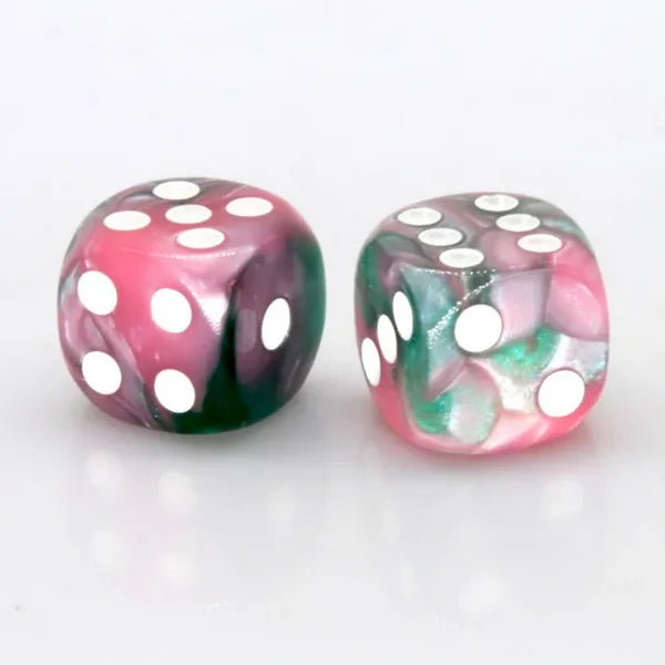 Pink and Green Pearlescent 12 piece D6 Set by Foam Brain Games