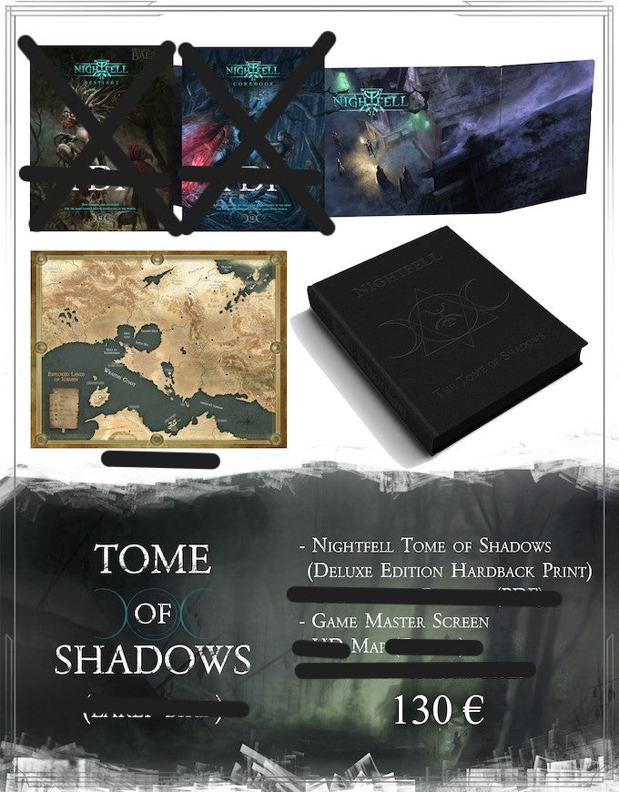 Nightfell Tome of Shadows Deluxe Hardback (GM Screen, Character Sheets, and Cardboard Standees Included!)