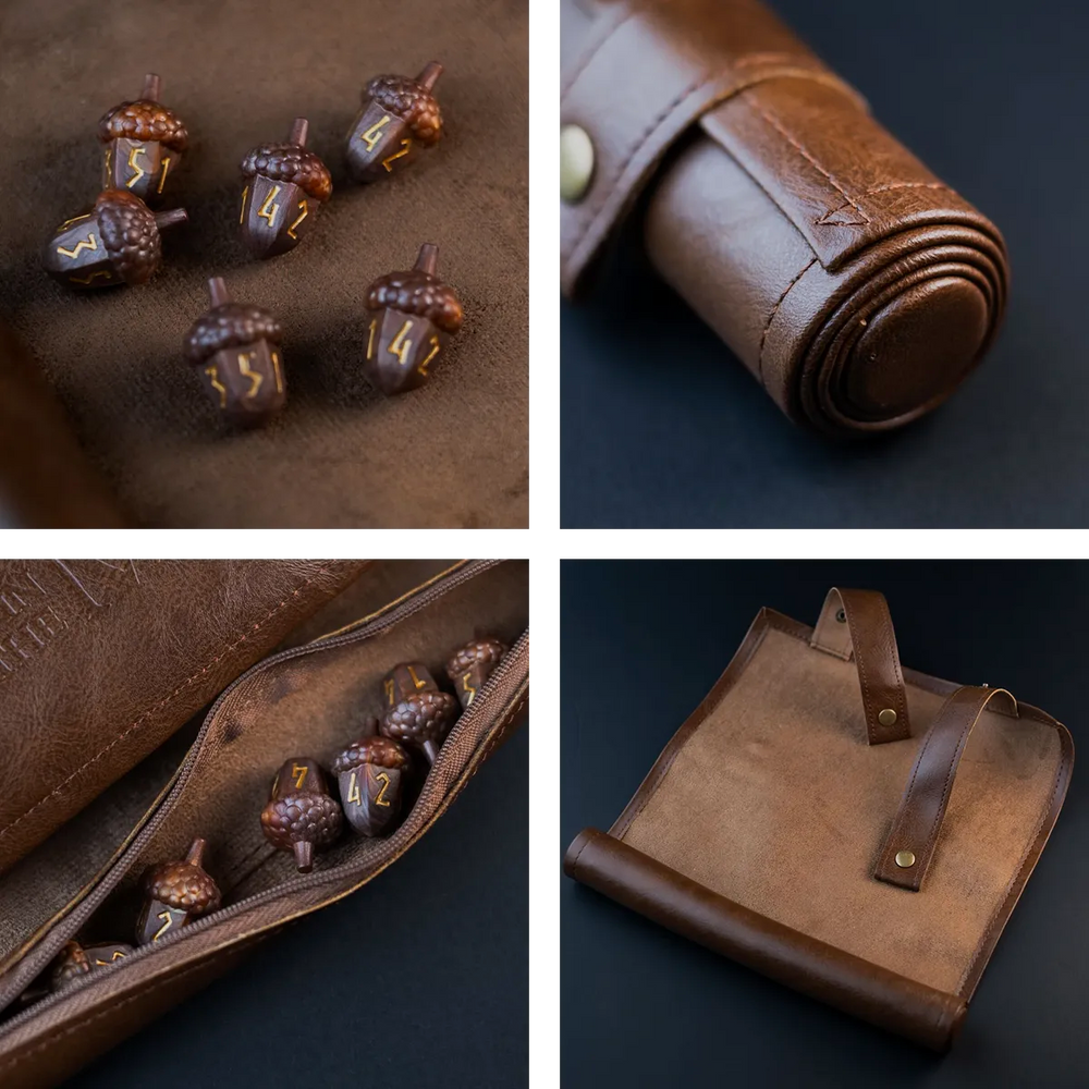 Legend in the Mist - Leather Satchel with 6 Acorn Dice