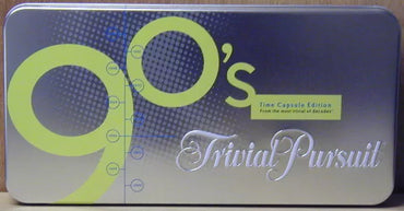 Trivial Pursuit: 90's Time Capsule Edition (Used) Metal tin has dents, scratches, and tape remnants, all 4 figurines included