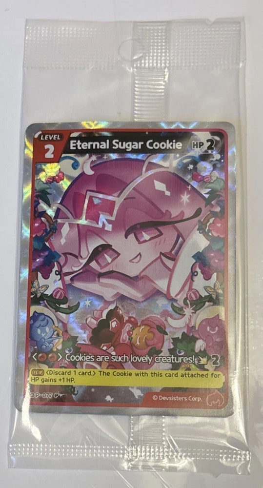 Trading card featuring a character named 'Eternal Sugar Cookie' in a clear packaging sleeve.
