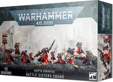 Warhammer 40,000 Adepta Sororitas Battle Sisters Squad box with miniatures on a white background