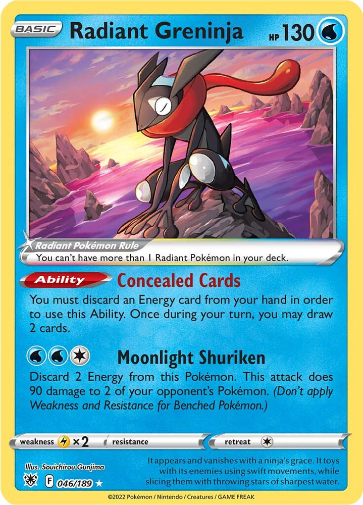 radiant greninja pokemon card 046/189 Honor the incredible history of the TCG hobby by adding this Radiant Greninja 2022 Pokemon Astral Radiance Radiant Rare #46 PSA Authenticated 10 Card to your vault Radiant Greninja. Is this a